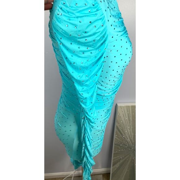 Alex Perry Crystal Embellished Ruched Jersey Long Sleeve Blue Mini Dress Sz 2 - Picture 8 of 13